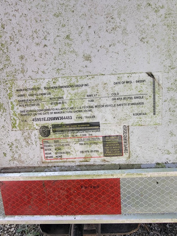 "2021 Southern Dimensions mobile kitchen trailer label showing manufacturer info, model 26, VIN 4S9S1EJ26MW364483."