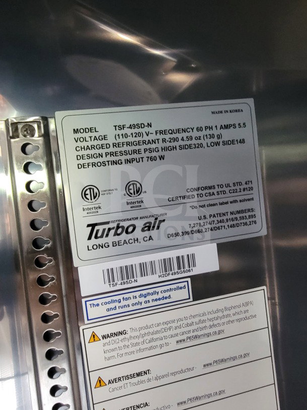 Label on the Turbo Air refrigeration unit from Long Beach, CA, listing model TSF-49SD-N, voltage, refrigerant type, and safety warnings.