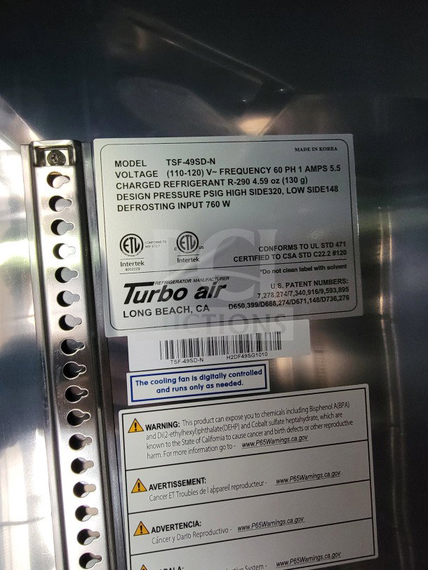 Turbo Air model TSF-49SD-N label with voltage and refrigerant details. Warning for chemical exposure listed.