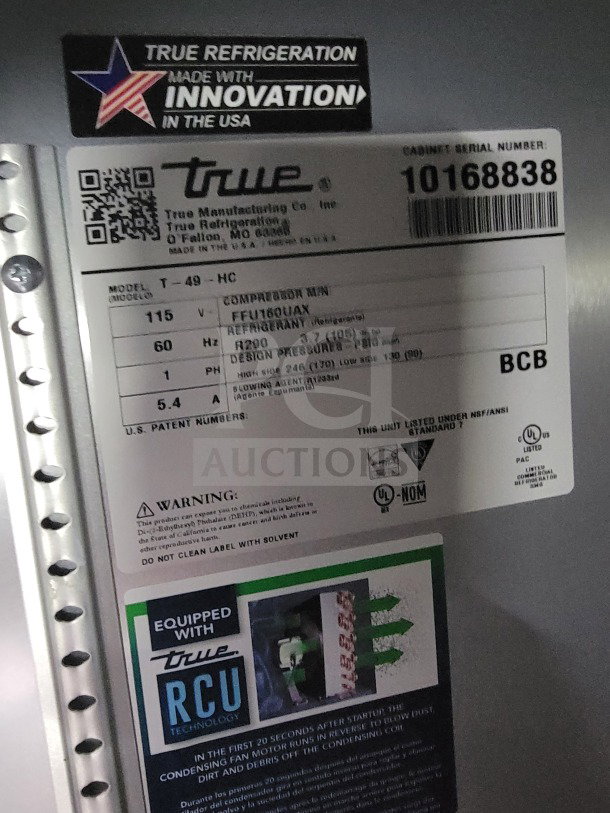 True Refrigeration label on 2021 SDG mobile kitchen trailer. Model T-49-HC, serial number 10168838, equipped with RCU technology.