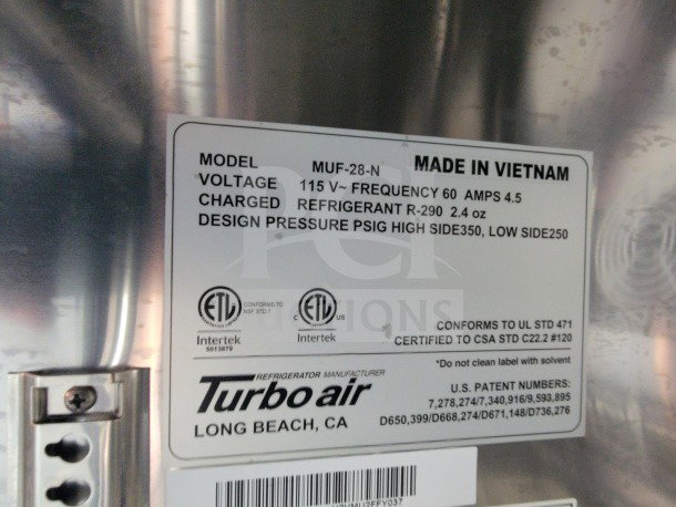 Label on a Turbo Air refrigeration unit. Model MUF-28-N, 115V, 60Hz, 4.5A, R-290 refrigerant. Made in Vietnam.