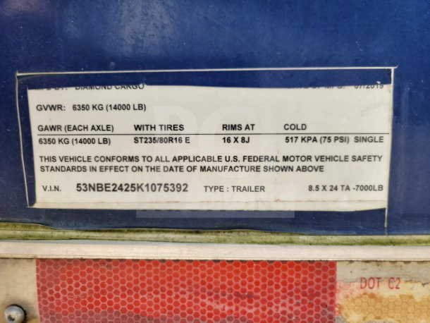2019 Diamond Cargo 8.5' x 24' kitchen trailer, GVWR 14,000 LB. VIN: 53NBE2425K1075392. Label with specs visible.