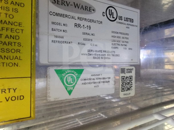 Label on Serv-Ware commercial refrigerator, Model RR-1-19, UL certified, using R134a refrigerant, made in China.