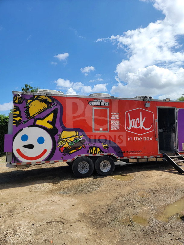 2021 Rock Solid Cargo 8.5' x 24' dual-axle mobile kitchen trailer featuring vibrant graphics, CaptiveAire hood, True & Hoshizaki refrigeration.