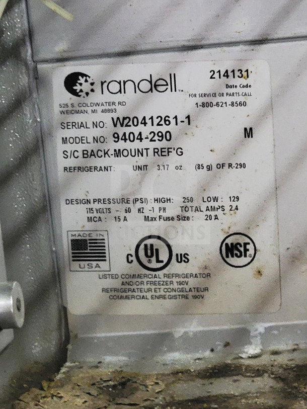 Randell refrigeration label indicating model 9404-290, serial W2041261-1, R-290 refrigerant, Made in USA, UL, NSF certified.