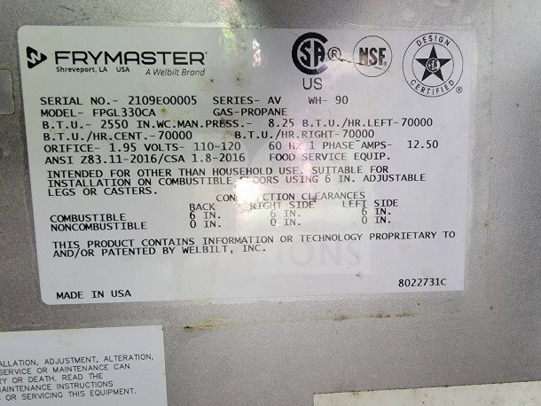 Label on Frymaster Model FPGL330CA showing technical specifications and safety certifications. Made in USA.
