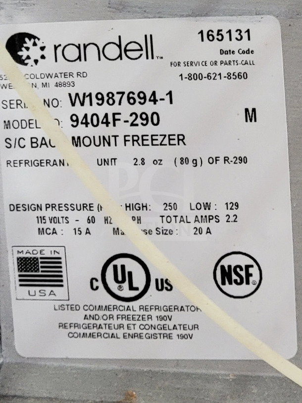 Label on Randell freezer, model 9404F-290, using R-290 refrigerant. UL and NSF certified. Made in USA.