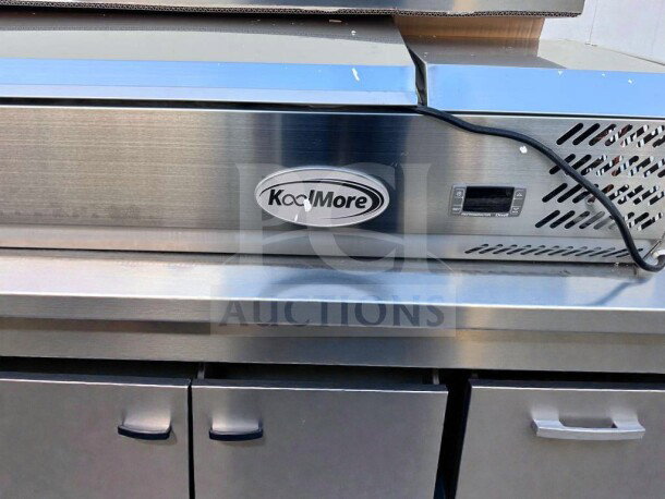 Brand new KoolMore SCDC-8P-SSL refrigerated prep rail, stainless steel, UL Listed, open box, premium condition.