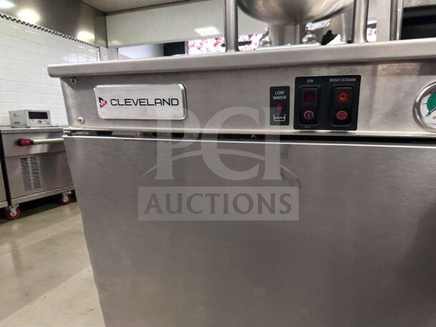 Brand new Cleveland 24GMK6200 gas steam kettle, 24-gallon capacity, NSF & CSA certified, control panel detail shown.