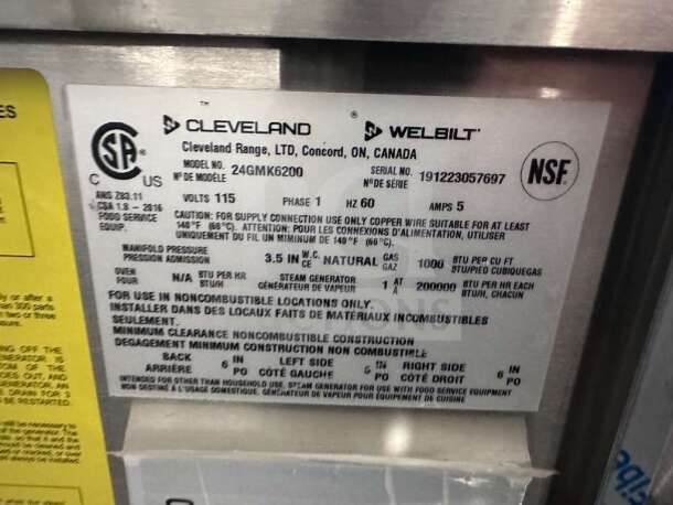 Cleveland 24GMK6200 gas steam kettle label, NSF & CSA certified. Details: 24 gal, 115V, natural gas, serial 191223057697.