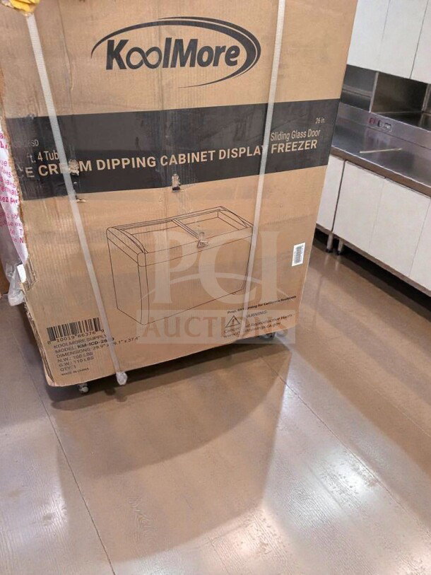 Brand new KoolMore KM-ICD-26SD ice cream dipping cabinet freezer, 6 Cu. Ft., 4 tub capacity, UL listed, in original box.