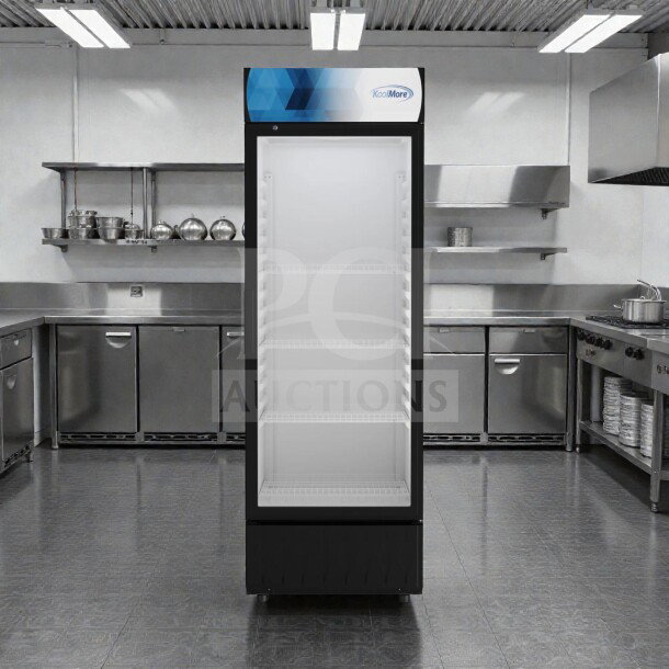 Brand new KoolMore MDR-1GD-12C one-door glass merchandiser refrigerator, 12 Cu. Ft., 24 in., ETL listed, in original box.