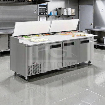 Brand new KoolMore 72" refrigerated prep station, model KM-RBT-72C. Features scratch & dent condition, stainless steel build.