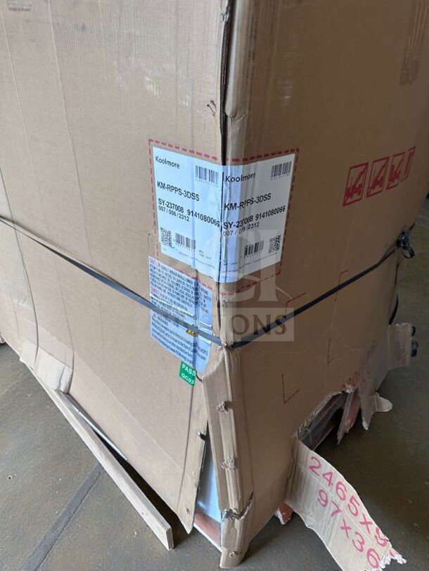KoolMore 72" refrigerated prep station, model KM-RBT-72C, scratch & dent, in packaging with visible labels and markings.