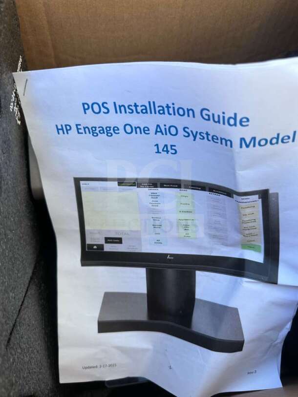 Brand new HP Engage One AIO POS System, Model 145, commercial touchscreen, UL Listed, in original box with installation guide.