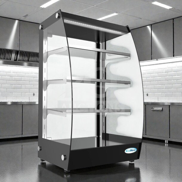 Brand new KoolMore DC-3CB pastry display case, 2.7 Cu. Ft., LED lighting, rear door, pristine condition, in original box.