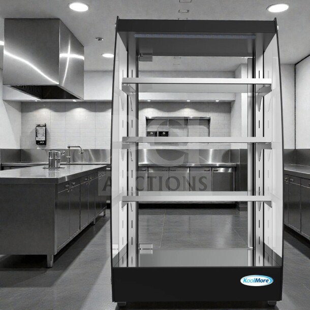 Brand new KoolMore DC-3CB pastry display case, LED lighting, rear door, 2.7 Cu. Ft. capacity, pristine with original box.