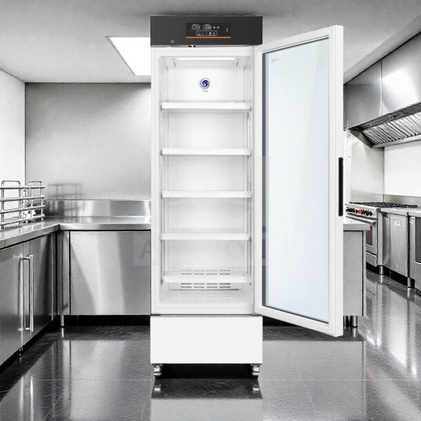 Brand new KoolMore KM-PHR-11C pharmacy refrigerator, 11 Cu. Ft., UL Listed, glass door, white interior, commercial-grade.