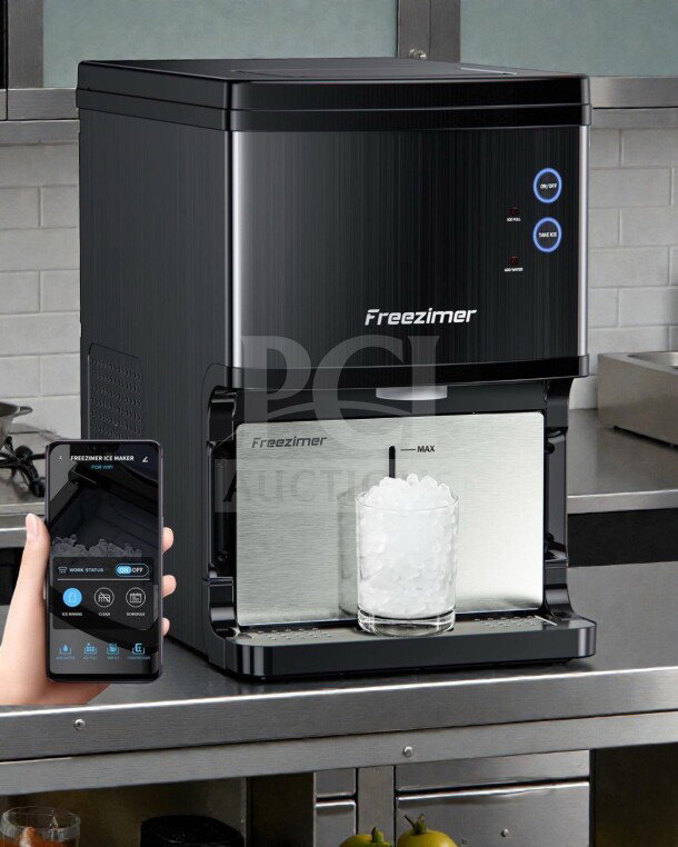 Freezimer Countertop Nugget Ice Maker, Wi-Fi enabled, excellent condition, makes 40 lbs/day. Silver finish, fully operational.