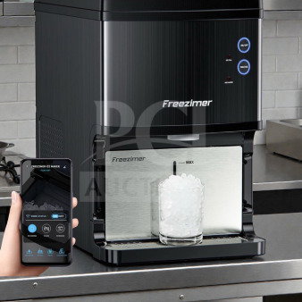 Freezimer Countertop Nugget Ice Maker, Wi-Fi enabled, excellent condition, makes 40 lbs/day. Silver finish, fully operational.
