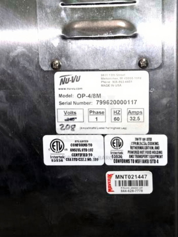 Nu-Vu OP-4/8M label showing model, serial number 79962000117, 208V, single-phase, 60 Hz, 32.5 Amps, ETL certified.