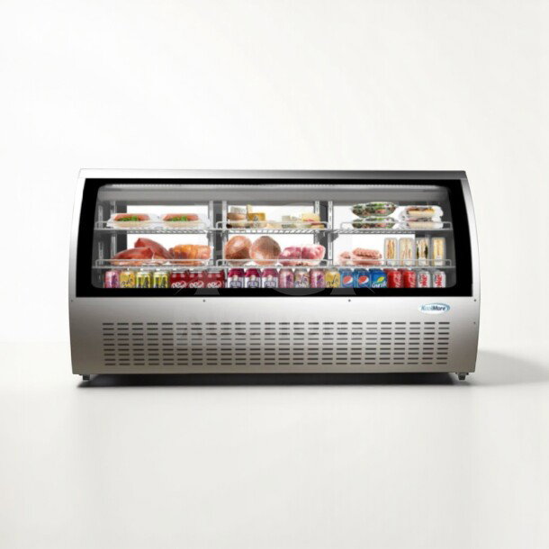 KoolMore RD32C-SS curved glass refrigerated display case, stainless steel, new condition, ETL listed, ready for commercial use.