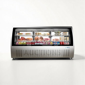 KoolMore RD32C-SS curved glass refrigerated display case, stainless steel, new condition, ETL listed, ready for commercial use.