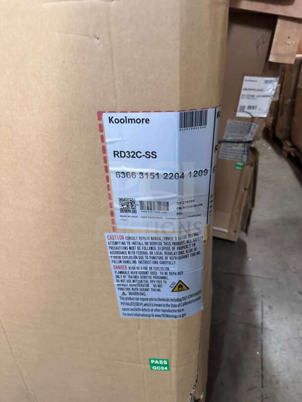 Brand new KoolMore RD32C-SS refrigerated display case packaging. ETL listed, stainless steel, ready for commercial use.