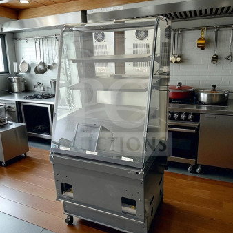 Curved Glass Refrigerated Display Case, excellent condition, 4 adjustable shelves, 115V, UL Listed, fully tested, on wheels.