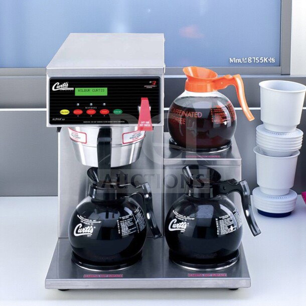 Wilbur Curtis ALPHA-III-S coffee brewer with 3 warmers, hot water faucet, NSF & UL listed, excellent condition, fully operational.