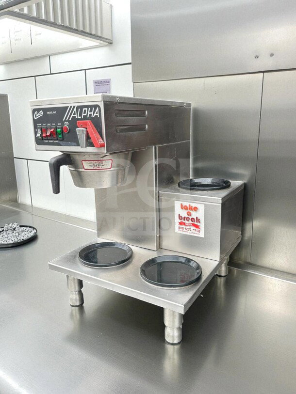 Wilbur Curtis ALPHA-III-S coffee brewer, 3-warmer, hot water faucet, stainless steel, labels, premium condition, 120V, NSF & UL listed.