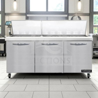 Continental SW72-30M 72" sandwich prep table, top-tier condition, 115V, NSF & UL listed, fully tested, three-door model.