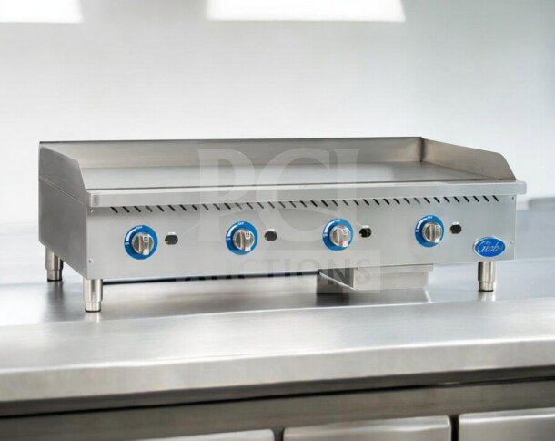 Globe GG48G commercial griddle with four blue control knobs, stainless steel, excellent condition, ideal for professional kitchens.
