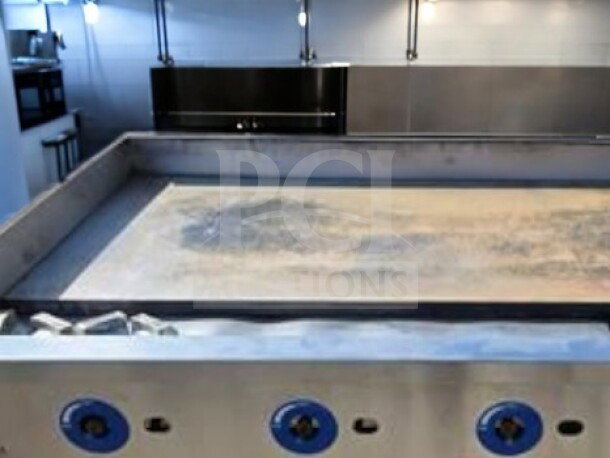 Commercial griddle with stainless steel surface, multiple blue control knobs, UL listed, model GG48G by Globe, fully operational.