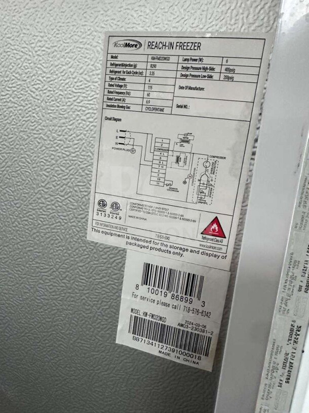 KoolMore KM-FHD20MGD commercial glass door freezer label, UL & NSF listed, model details, circuit diagram visible.