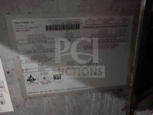 Pitco SG14 commercial gas fryer label, 40 lb capacity, natural gas, NSF & CSA certified, model: SG14, 115V, 110,000 BTU/hr.