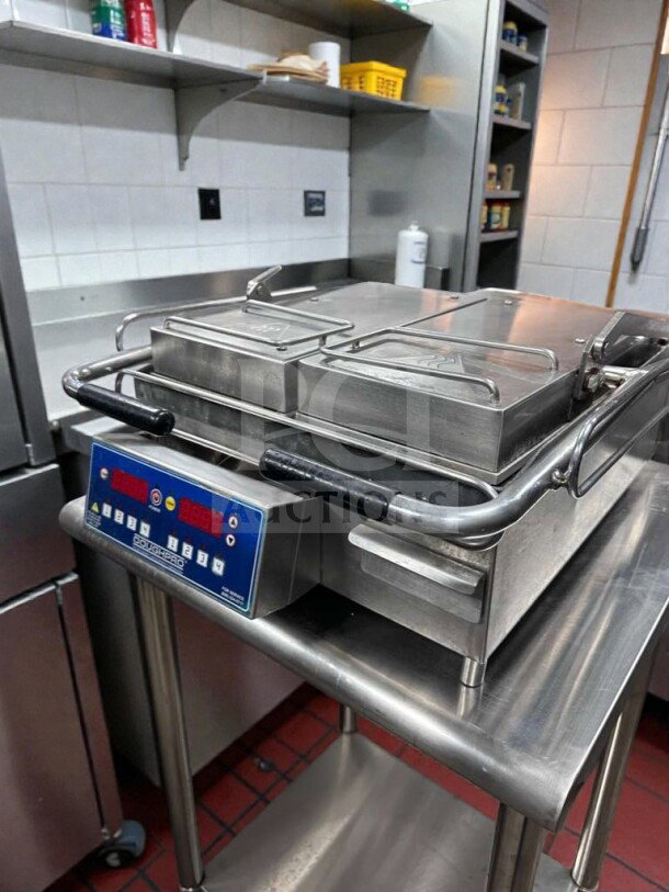 Immaculate DoughPro double-sided commercial contact grill with digital controls, model DP-L-GRILL-0485, NSF & UL listed.