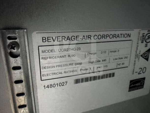 Beverage-Air undercounter refrigerator label showing model UCR27HC-23, UL listed, R290 refrigerant, 115 VAC.
