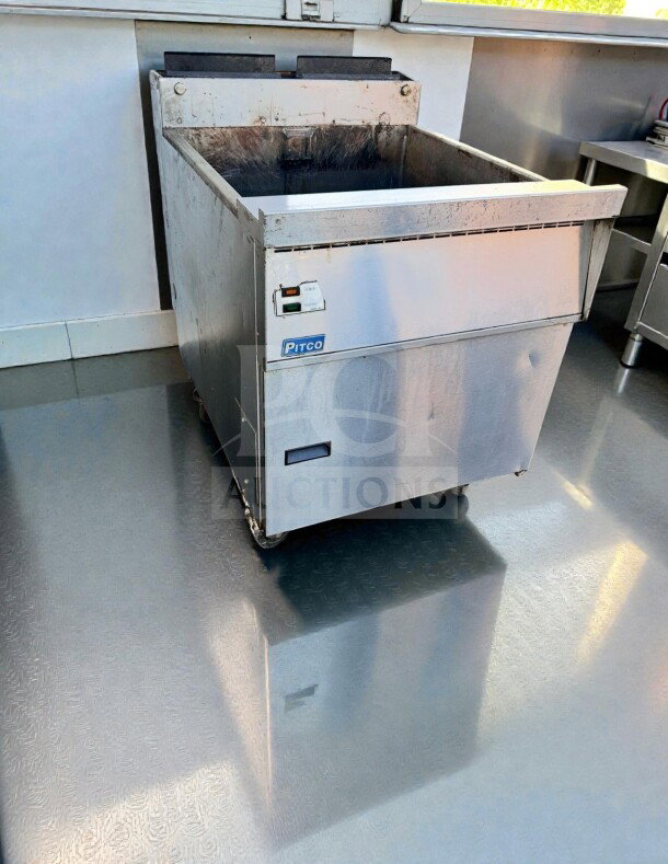 Pitco commercial gas fryer, stainless steel, standard floor model, fully operational, superior condition, visible label.