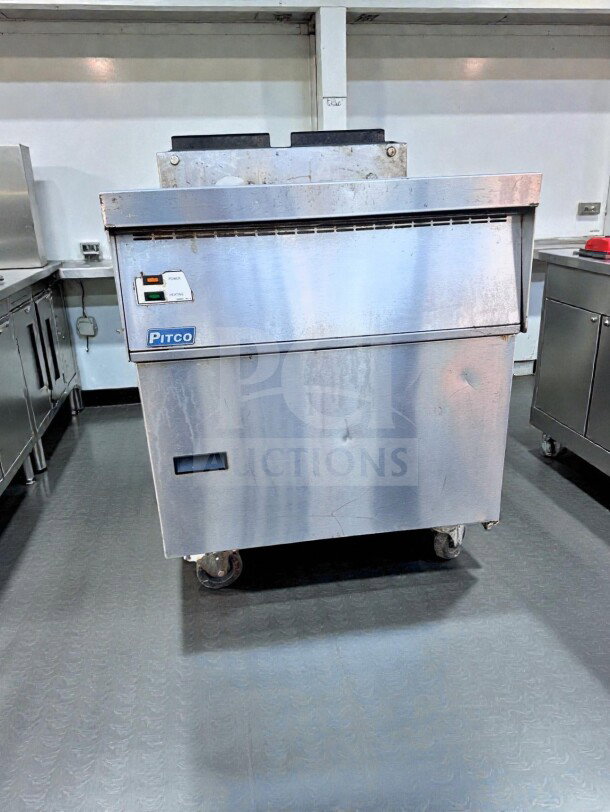 Superior Condition Pitco commercial gas fryer, stainless steel, floor model, fully tested and operational, visible logo.