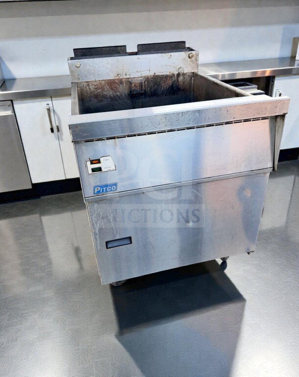 Pitco commercial gas fryer, stainless steel, floor model, superior condition, fully tested and operational, Pitco label visible.