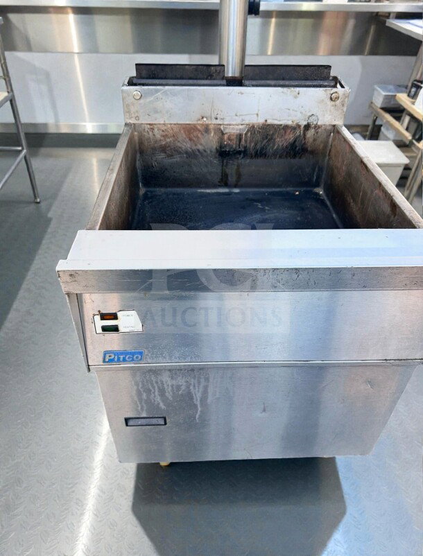 Pitco commercial gas fryer, stainless steel, floor model, superior condition, fully tested, operational, Pitco logo visible.