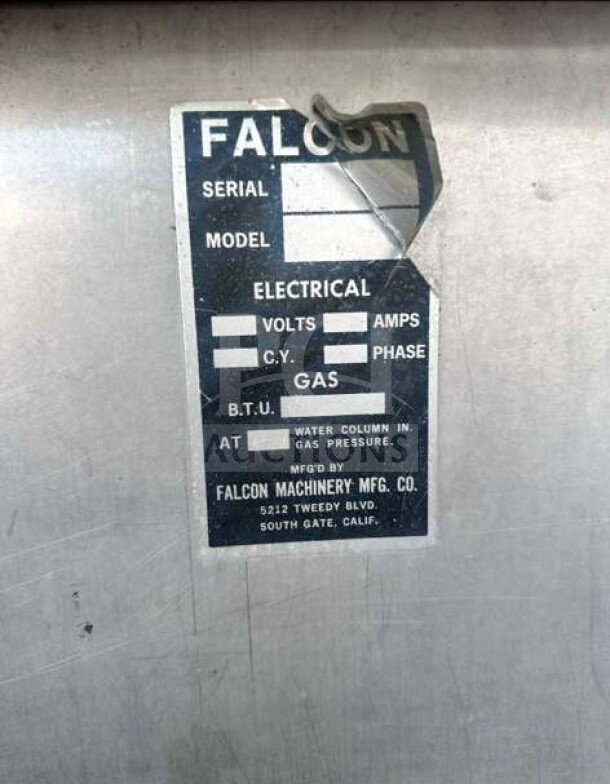 Label on Falcon Commercial Gas Tilting Skillet, showing electrical and gas specs, B.T.U settings, and manufacturer's address.