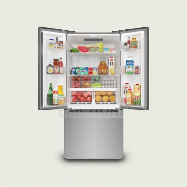 Brand new KoolMore KM-RERFDSS-18C fridge, 18.4 cu. ft, stainless steel, French doors, UL listed, spacious interior.