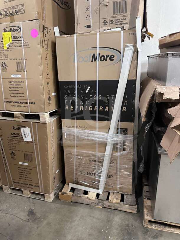 Brand new KoolMore KM-RERFDSS-18C stainless steel French door refrigerator, 18.4 cu. ft, in original packaging, UL listed.
