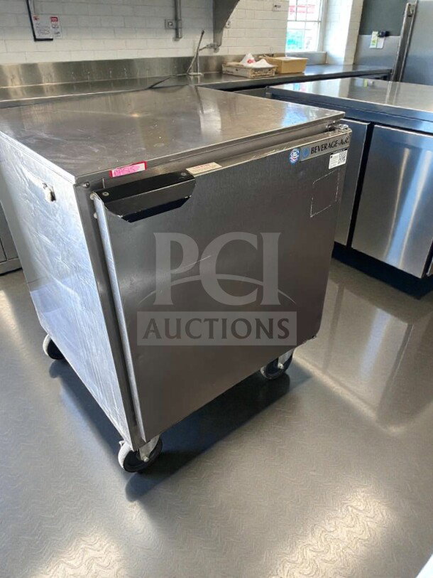 Beverage-Air UCR27A undercounter refrigerator, stainless steel, excellent condition, 27", UL listed, on casters.