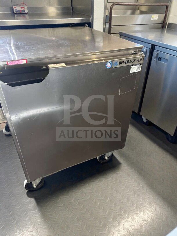 Beverage-Air UCR27A undercounter refrigerator, 27", stainless steel, excellent condition, UL listed, visible labels.