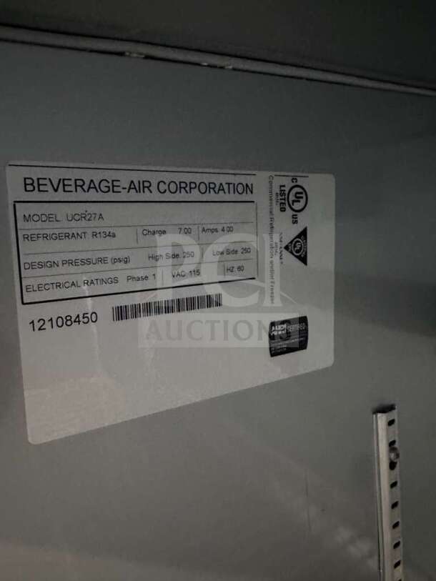 Beverage-Air UCR27A commercial undercounter refrigerator label, UL listed, R134a refrigerant, excellent condition, fully tested.