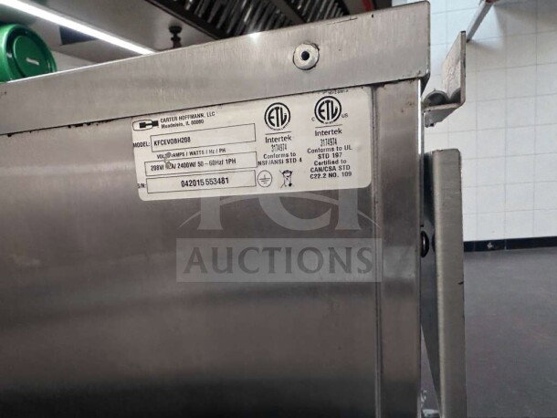 Carter-Hoffmann heated holding cabinet, model KFCVOBH208, stainless steel, UL & NSF listed, excellent condition.