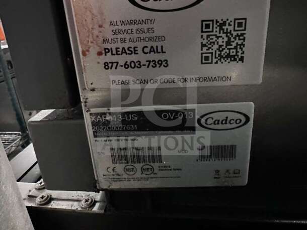 Cadco OV-013 / XAF-013-US convection oven label showing NSF & UL certifications, model and serial numbers.